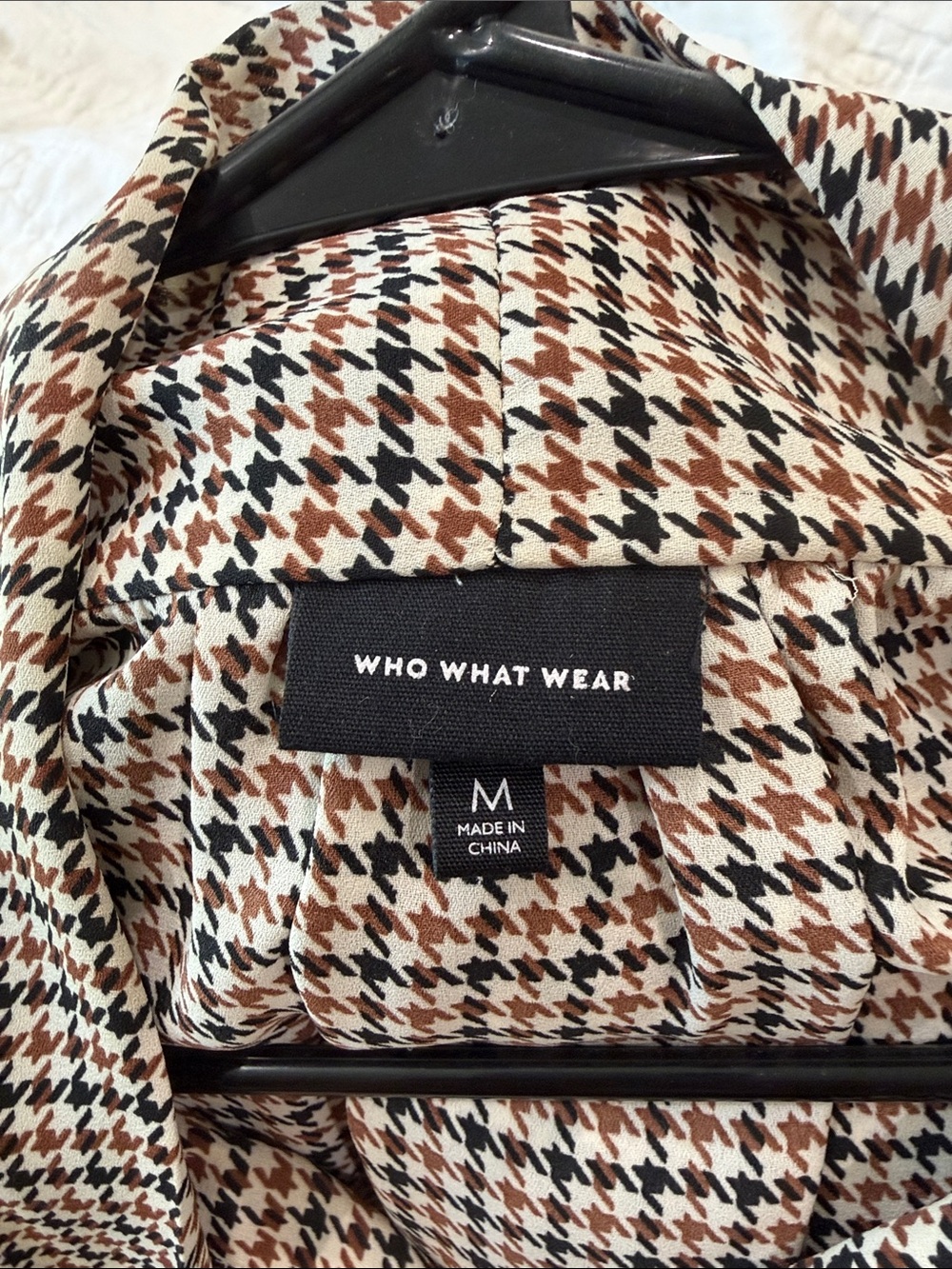Who What Wear Houndstooth Tie-Neck Blouse in Black, Cream & Brown Women’s medium - Picture 2 of 7